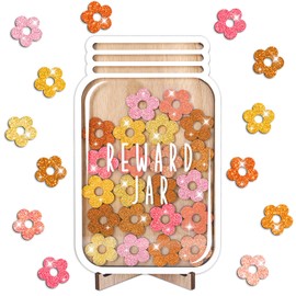 FYSUIMU 39 Pcs Boho Flower Wooden Reward Jar Pink Orange Glitter Flower Wood Cutouts with Magnet Back to School Positive Incentive Behavior Chart with Base for Student Teacher Management
