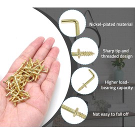 Biaungdo 100 Pack 1/2" L Hooks, Gold Screw in Hooks Small L Shaped Hooks Right Angle Screw Hooks 7 Shape Hook Mini Self Tapping Screw Hooks Tiny Metal Screw Hooks for Hanging