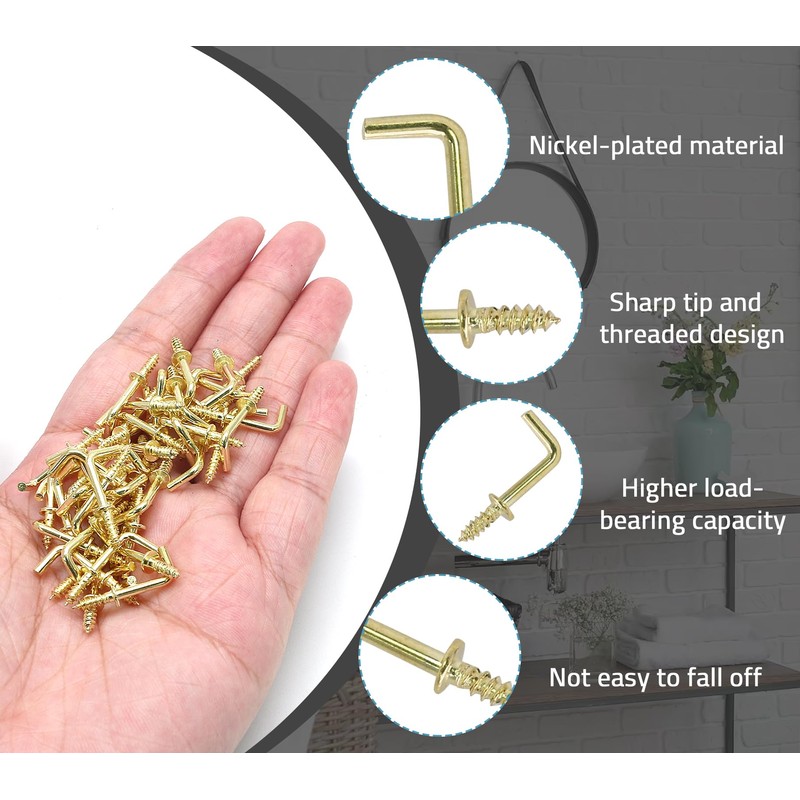 Biaungdo 100 Pack 1/2" L Hooks, Gold Screw in Hooks