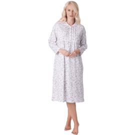 Camille Ladies Long Sleeved Nightdress- Heavyweight Floral Womens Nightwear - Cotton Nightie Neck Button Fastening Light Grey 18-20