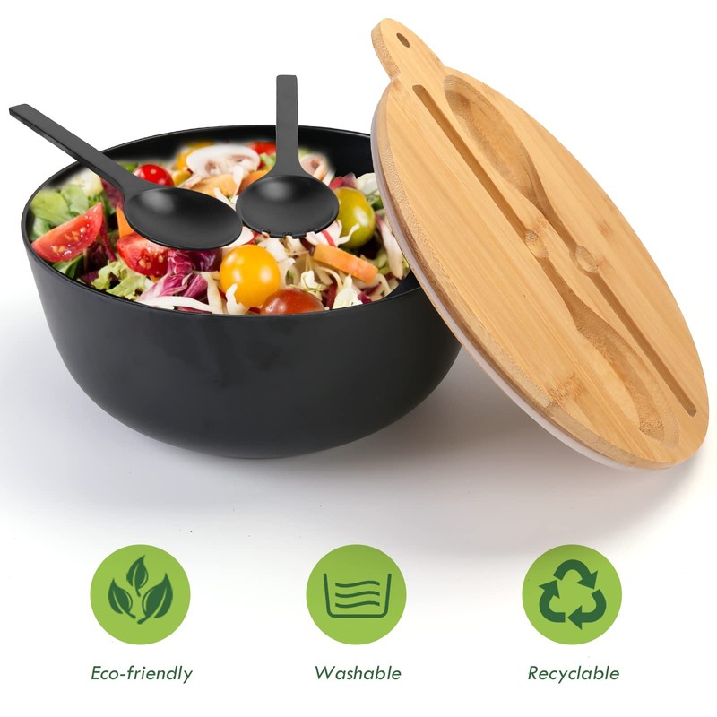 Salad Bowl with Sealed Lid, 9.8inches Black Airtight Large Salad