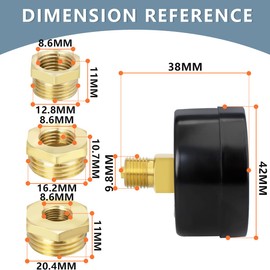 Innfeeltech 1 x 40 mm vacuum pressure gauge BSP 1/8 inch -1~0 bar -14~0 psi with 3 x sockets 1/8 inch to 1/4 inch, 1/8 inch to 3/8 inch and 1/8 inch to 1/2 inch and a Teflon tape, axial