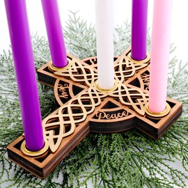 Shellwei Christmas Advent Wreath Candle Holder, Nativity Candle Holder with Celtic Knot Cross Shaped Advent Candle Holder for Christmas Table Centerpiece Decorations Religious Gift (Wood,Wood Color)