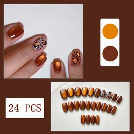 Sparkling Leopard Print Press on Nails Short Square Fake Nails Reddish Brown False Nails Autumn Tangerine Acrylic Nails Full Cover Stick on Nails for Women Girls Party Manicure Decoration 24pcs