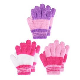 3 Pairs Kids Gloves Knit Gloves for Boys and Girls Warm Winter Gloves Full Fingers Stretchy Gloves for Kids Mittens for Children (Bright Color, Large)