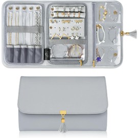 MATEIN Organizador de Joyas de Viaje para Mujer - Bolsa Enrollable Plegable de Cuero PU Ligero con Bolsillos Separados para Collares, Aretes y Anillos, Portátil y Compacto, Gris