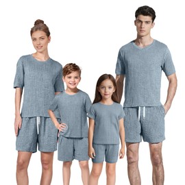 IFFEI Family Matching Pajamas Sets 2 Piece Lounge Set Soft Loungewear Sleepwear Tops and Shorts with Pockets 3-4Y Blue
