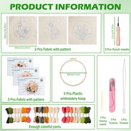 OlyPegic 3 PCS Punch Needle Kit for Beginners,Embroidery Starter Set with Hoop,Punch Needle,Threads and Instructions,Flowers Pattern Handcraft Embroidery Kit for Kids and Adults,20x20cm