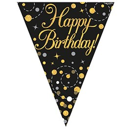 OakTree Party Bunting Sparkling Fizz Birthday Black & Gold Holographic 11 flags 3.9m