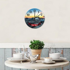 Minimalist Wood Clock Analog Round Non-Ticking New Orleans City Landscape Vintage Wood Clocks Cityscape and Landmark Print Wooden Wall Decor for Entryway Kids Room Dining Room 10 Inch