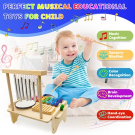 Kids Drum Kit, Baby Drum Musical Instruments Toys for 1 Year Old,Wooden Xylophone for Toddlers Baby Drum Set and Wind Chime,Montessori Musical Instruments Toys Birthday Gifts for Kids