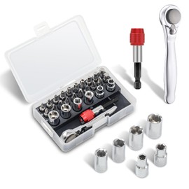Ratchet Wrench, Star-Shaped Screwdriver Wrench Torx Bits T10/T15/T20/T25/T30/T35/T40 with Holes, Hex Wrench H4/H5/H6, Socket Wrench 5/6/7/8/9/10mm, Flat Ratchet Socket 6.35mm, 1/4 Bit Negative