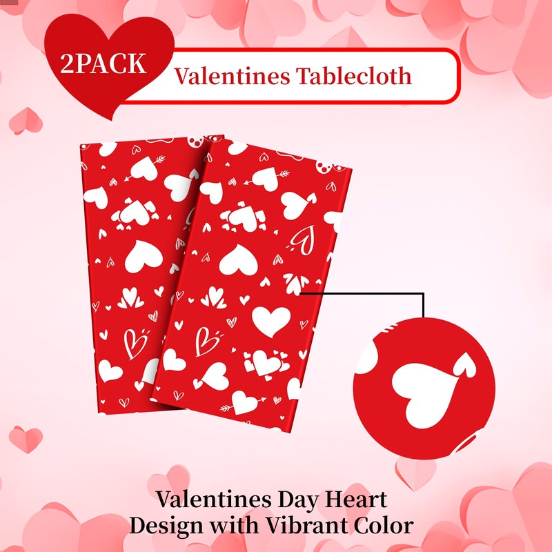 Litmitfu 2 Pack Valentines Tablecloth - Red Heart Valentines Table
