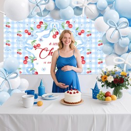MEHOFOND Blue Cherry Bow Baby Shower Party Decorations, Coquette a Little Cherry is on the Way Banner Backdrop, Blue and White Balloons Arch Kit, Cherry Bowknot Grid Baby Shower Balloons Garland Decor