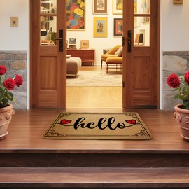 HZMLYDJ Welcome Doormats 17.7x29.5 Inch, Hello Heart Pattern Front Door Mat for Outdoor Indoor Entrance Porch Home Decor, Durable Doormat with Non-Slip PVC Backing, Housewarming Gifts for Women Mom