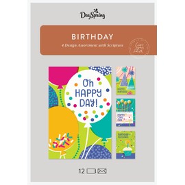 DaySpring - Birthday - Oh Happy Day - 4 Birthday Art Design Assortment with Scripture - 12 Birthday Boxed Cards and Envelopes