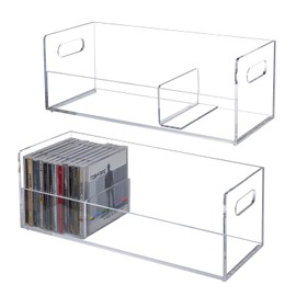 MyGift 2 Pcs Clear Acrylic CD Holder Racks, Stackable CD Storage Box, Music Disc DVD Display Cases, Modern Media Cassette Organizers with Cutout Carrying Handles