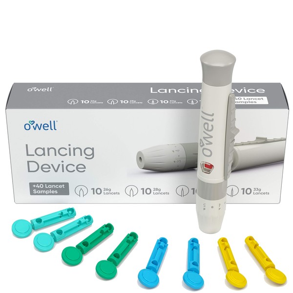 O Well Painless Design Lancing Device + 40 Twist Top Lancets for Blood Glucose & Keto Testing | Lancing Kit Includes: 1 Adjustable Lancing Device + 10 of 26g, 28g, 30g & 33g Lancets (40 Lancets)