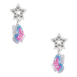 Delight Jewelry Silvertone Translucent Hot Pink & Blue Flying Butterfly Silver-tone Dream Big Star Post Earrings