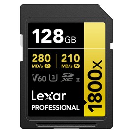 Lexar SD Card Professional 1800x SDXC Card Max Read 270MB/s Write 180MB/s UHS-II Class 10 U3 V60 4K Ultra HD Video Shooting Global Version (128GB)