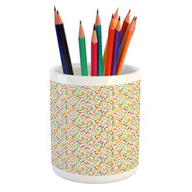 Ambesonne Heart Pencil Pen Holder, Valentines Day Themed Colorful Love Big Little Shapes in Nostalgic Tones, Ceramic Pencil Holder for Desk Office Accessory, 3.6" X 3.2", Multicolor
