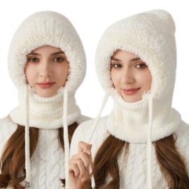 crazy bean Plush Balaclava Hat Women's Winter Warm Hooded Scarf Women's Windproof Hat Cold Protection Ski Hat Beanie Winter Hats for Mountaineering Skiing Motorcycling Windproof Face Hood, White