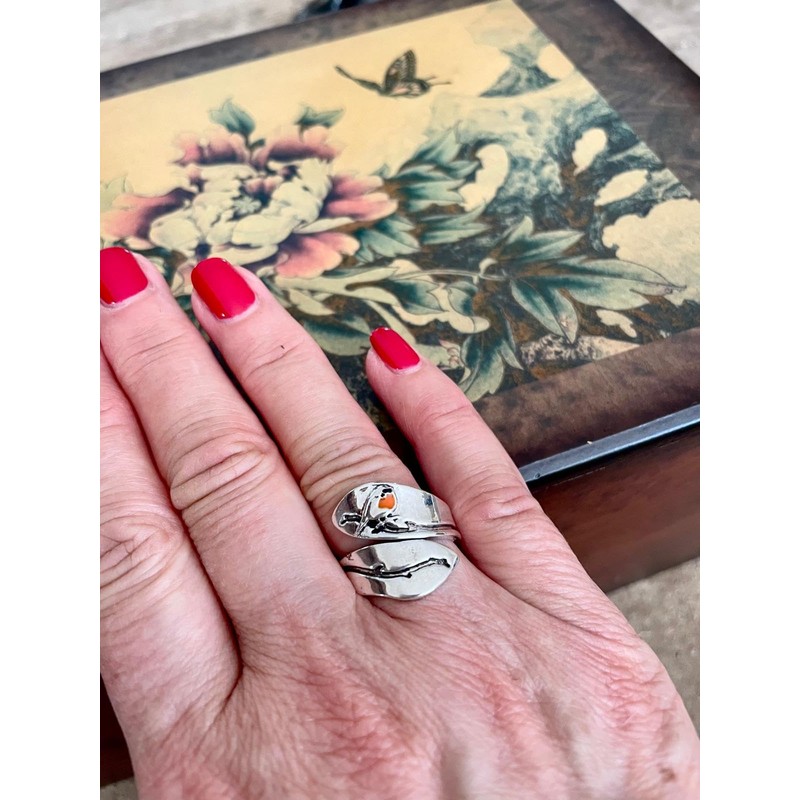 CrownOfRibbons Adjustable Robin Bird Ring, Silver Wrap Ring, Nature Inspired