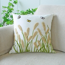 vctops Farmhouse Pampas Grass Cotton Tufted Throw Pillow Cover Boho Embroidery Pillowcase Soft Square Cushion Case for Sofa Couch Bed Chair (Khaki,18"x18")