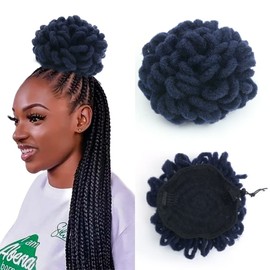 Yinmei Baibian Blue Dreadlock Bun Faux Locs Drawstring Ponytail Dread Loc Petal Buns Curly Afro Puffs Braided Hair Extension Clip in on Braids Hairpieces for Girl(Blue)