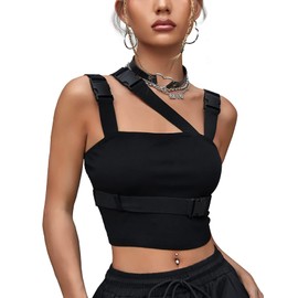 CYCLAMEN Women's Buckle Tank Tops Sleeveless Tube Crop Cami Tops Rave Gothic Punk Streetwear Shirt, Black, XS