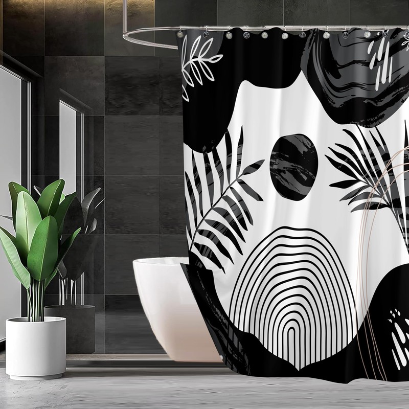 Black Boho Mid Century Shower Curtain, Abstract Black and Grey