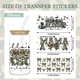 Hunting UV DTF Cup Wrap - 8 Sheets Hunting Season UV DTF Cup Wraps for 16 oz Glass Cups Water Bottle, Duck Deer Camouflage Old Camo Mama Bow Transfers Stickers, Waterproof Uvdtf Decals Crafts Gifts