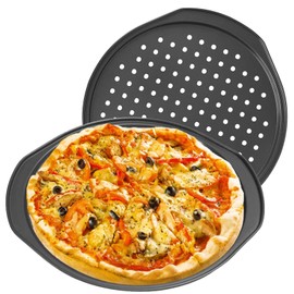 CoCoCherry 2 Pack 14 Inch Pizza Trays for Oven Non Stick, Perforated Round Pizza Trays with Handle, Carbon Steel Pizza Pans, Freezer and Fridge Safe