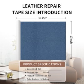 Leather Repair Patch Tape, Blue 17 x 61 Inches Self Adhesive Leather Repair Kit for Furniture, Car Seat,Vinyl Leather Repair Kit for Office Chairs, Bags, Luggage