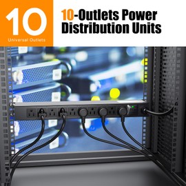 10 Outlet Rack Mount Power Strips with Individual Switch,1U Rack Mount PDU Power Strip for Network Server Racks - Surge Protection - 110V/15A - w/ 10ft Power Cord