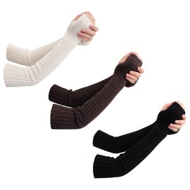 Women Winter Knit Arm Warmer Long Sleeve Fingerless Gloves Warm Women Arm Sleeves with Thumb Hole (White+Black+Gray)