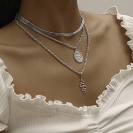 Inilbran Boho Layered Snake Chain Necklace Silver Disc Coin Choker Necklace Vintage Flat Herringbone Chain Necklace Gothic Snake Pendant Necklace Jewellery for Women and Girls, Zinc, No Gemstone