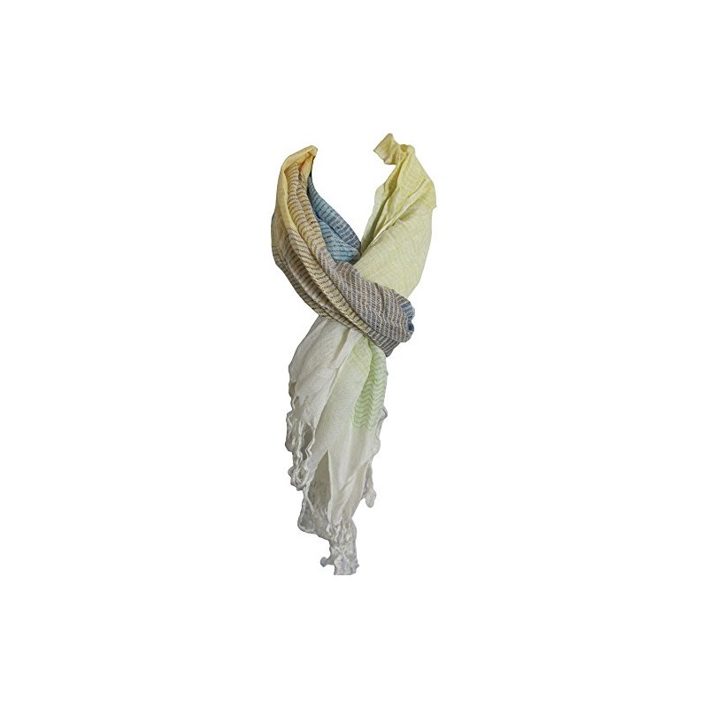 Unisex White Earth Tone Striped Indian Crinkled Long Scarf Stole