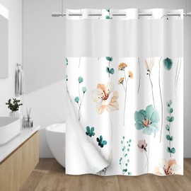 WITHLOC No Hook Shower Curtain with Snap in Liner - Floral Shower Curtain - Fabric Waterproof Inner Liner, Plants Watercolor Teal Flower Modern Cloth Shower Curtains - Machine Washable, 71 x 74