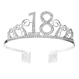 18th Birthday Crown Tiara with Hair Comb Crystal Rhinestone Silver Birthday Gift for 18 Years for Women Princess Party Supplies and Decorations with Crystal Silver