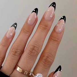 Foccna French Black Press on Nails Medium, Pearl Fake Nails Almond Acrylic False Nails,Artificial Nails for Women and Girls-24pcs