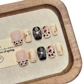 Short Square Press on Nails Handmade False Nails with 3D Designs/Charms, Cute Reusable Fake Stick on Acrylic Tips (Milky Black, Small)
