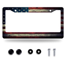 American Flag License Plate Frame Vintage USA Flag License Plate Stainless Steel Funny License Plate Holder Patriotic Car Accessories Decoration with Screws Fits Standard Vehicles Size 12.3" x 6.3"