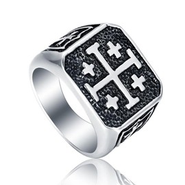 Jerusalem Cross Rings for Men,Mens Stainless Steel Christian Signet Ring,Vintage Silver Catholic Templar Ring in Size 11