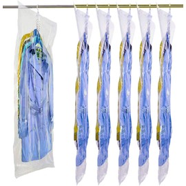 Hanging Vacuum Space Saver Bags 6 Pack, Closet Organizer Storage Bags, Vacuum Seal Clear Bags for Clothes, Suits, Dress or Jackets