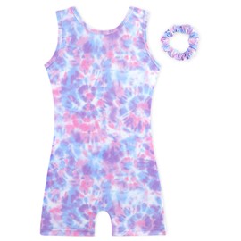 HOZIY Girls Leotards for Gymnastics Size 6-7 Years Purple Pink Blue White Tie Dye Non Sparkly Tumbling Outfit Biketard Dance Clothes with Scrunchies