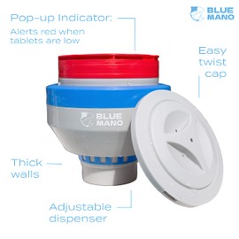 Blue Mano Chlorine Floater (V2.0 Upgraded) for 3 inch Tabs with Refill Warning, Durable Design, 7 inch Large Dispenser for Inground and Above Ground Swimming Pool