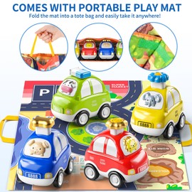 TEMI 4PCS Inertia Animal Car Toys with Play Mat/Storage Bag for Toddlers Toy Age 1-3, Baby Toys 1 2 3 Years Old Boys Birthday Newborn Gifts