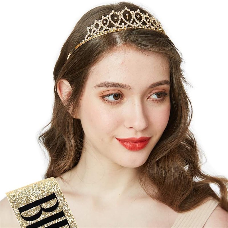 Birthday Crown Sash Gold Crystal Tiara for Birthday Party for