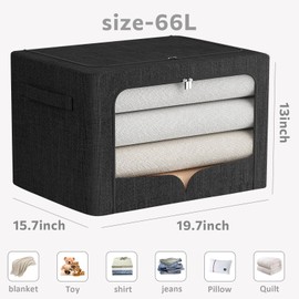 3 Pack Clothes Storage Bins - Foldable Metal Frame Storage Box - Stackable Linen Fabric Container Organizer Set with Carrying Handles and Clear Window (Black, 19.7x15.7x13inch(66L))